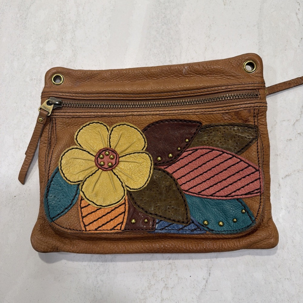 Leather Purse By Fossil, Brown With Floral Design - No Strap